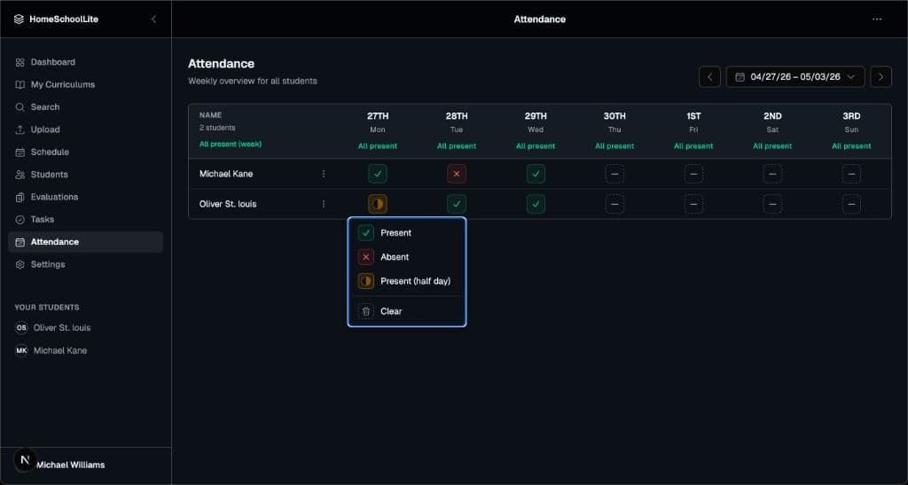 Attendance grid showing a seven-day overview for each student — dark mode