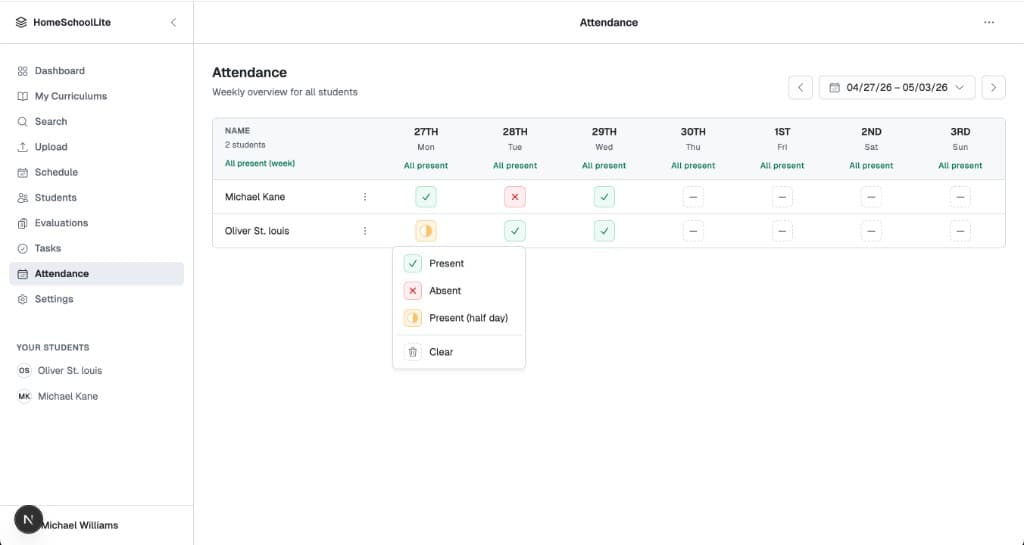 Attendance grid showing a seven-day overview for each student — light mode