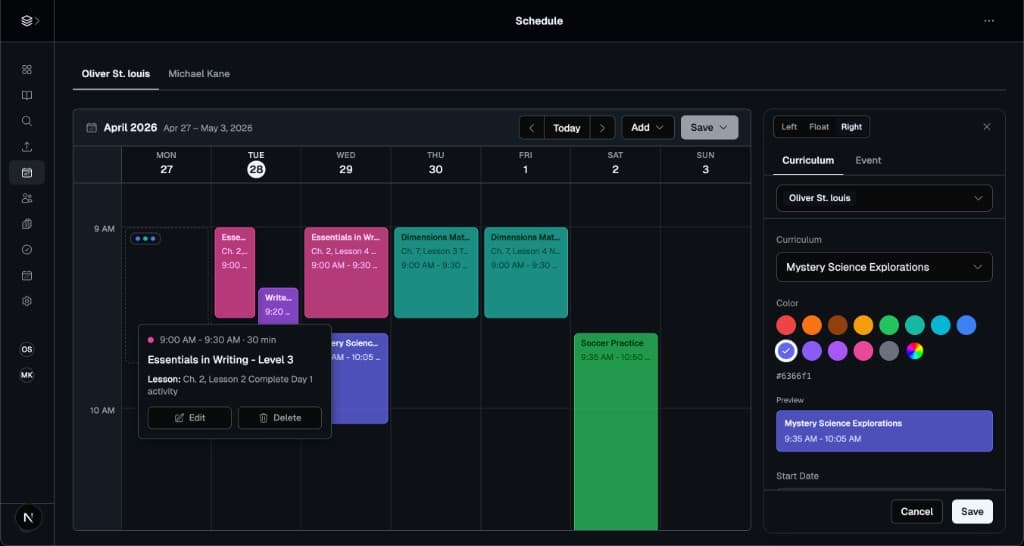 Weekly schedule in dark mode with curriculum blocks on a seven-day calendar