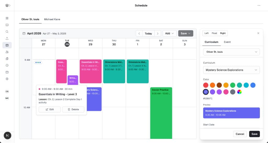 Weekly schedule in light mode with curriculum blocks on a seven-day calendar
