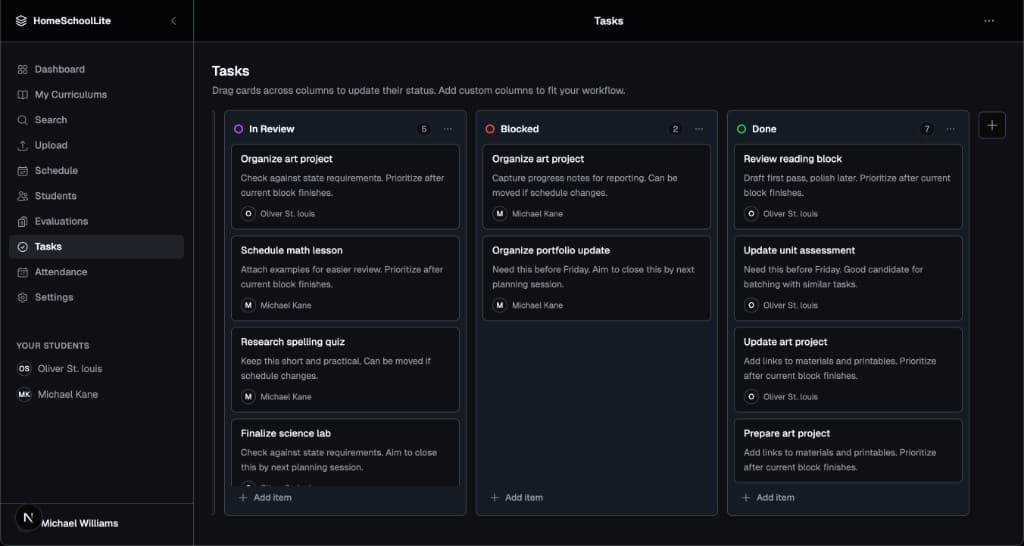 Tasks kanban board with To Do, In Progress, and Done columns — dark mode