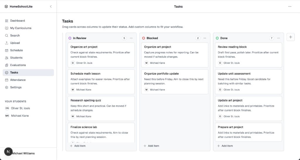 Tasks kanban board with To Do, In Progress, and Done columns — light mode